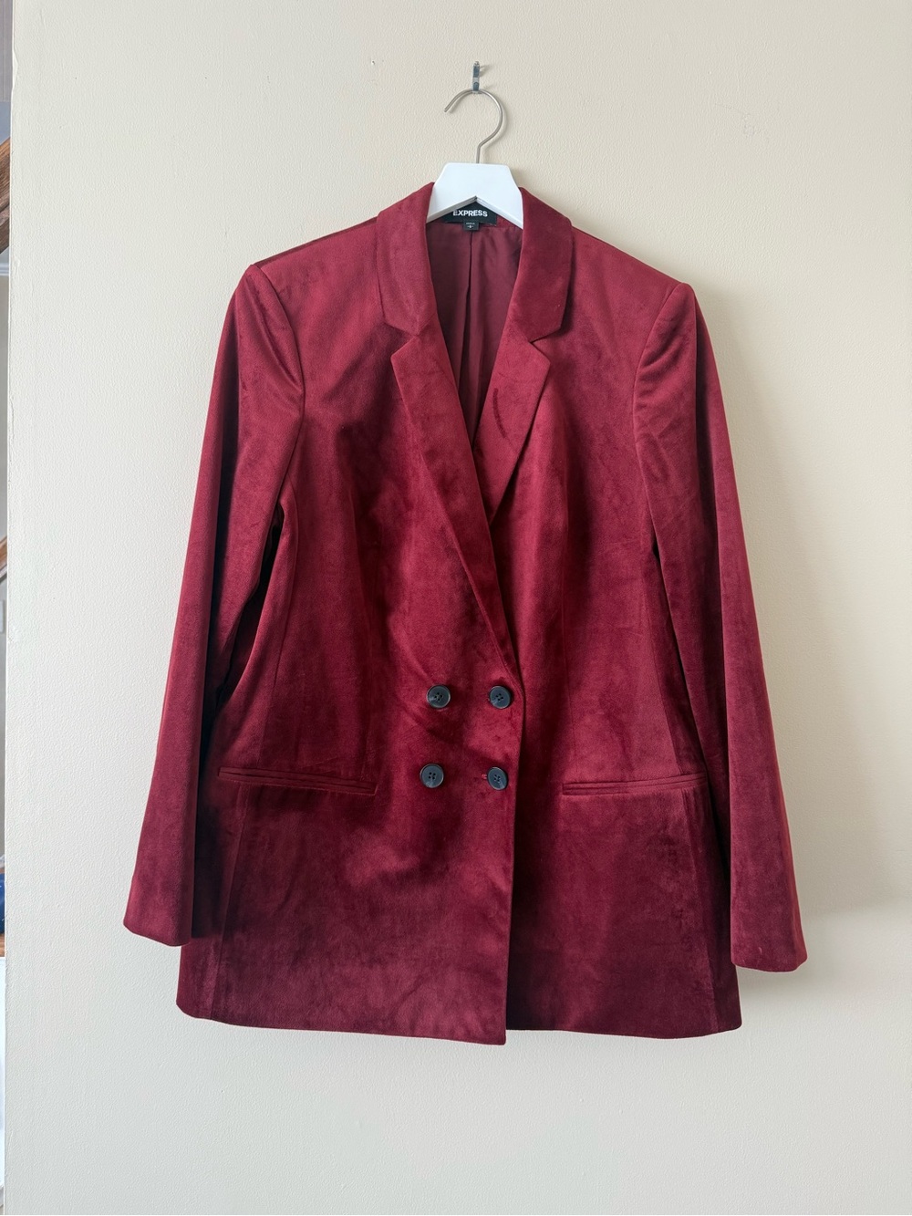 Express Burgundy Button Front Lined Velvet Blazer Jacket Women’s Size L